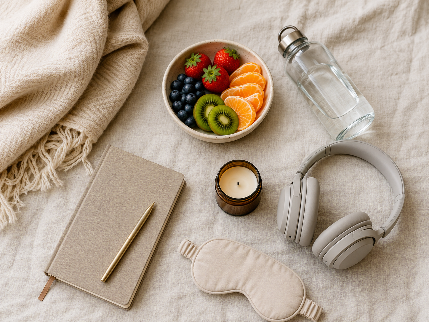 Essentials for a first magic mushroom trip including water, journal, headphones, blanket, eye mask, and candle