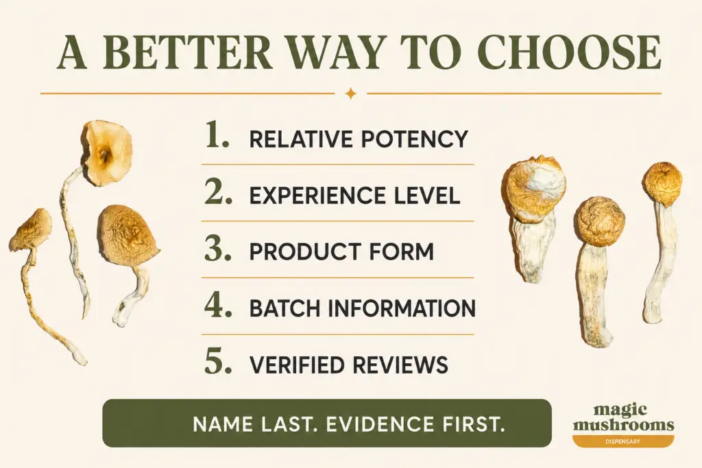 How to choose a magic mushroom strain using potency experience format batch information and reviews