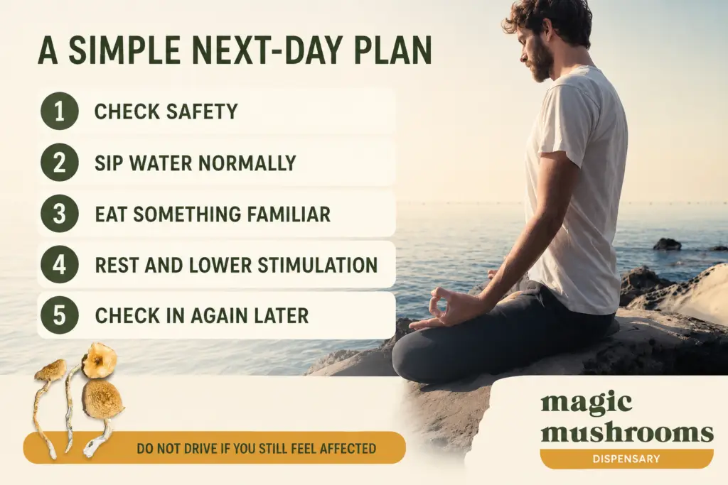Simple next-day shroom recovery plan to check safety drink normally eat rest and reassess