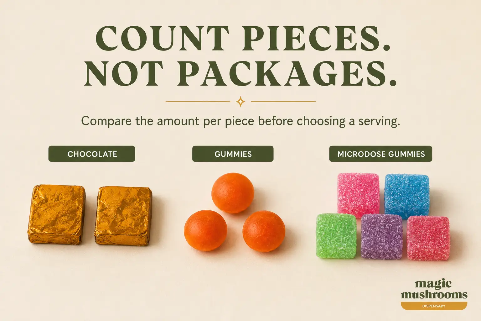 Count pieces, not packages, when comparing shroom edibles Compare chocolate, gummies and microdose gummies by amount per piece