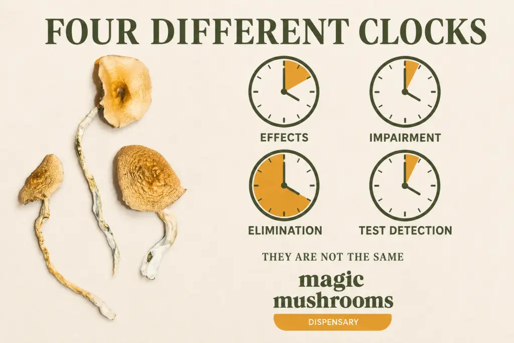 Four clocks for shroom effects impairment elimination and drug test detection