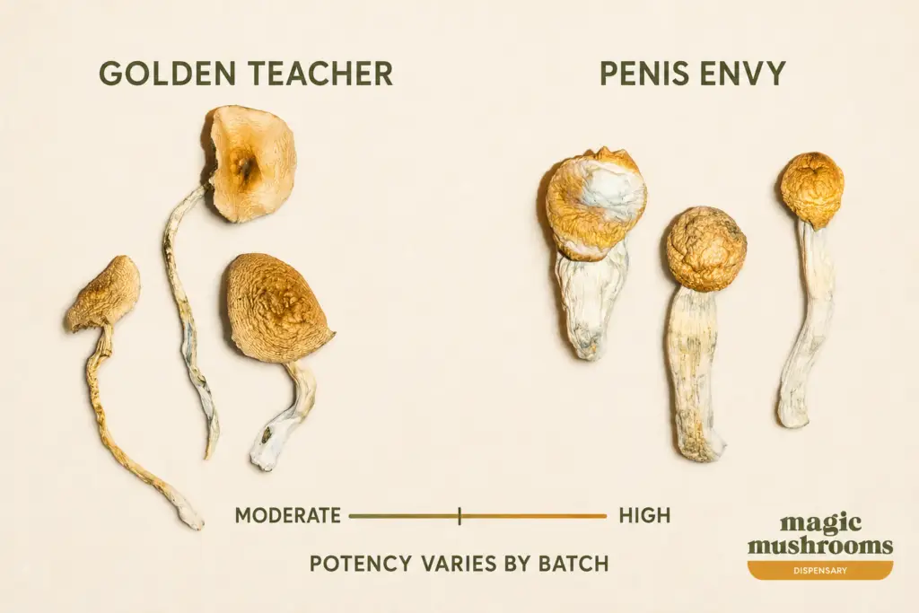 Golden Teacher moderate potency compared with high potency Penis Envy mushrooms