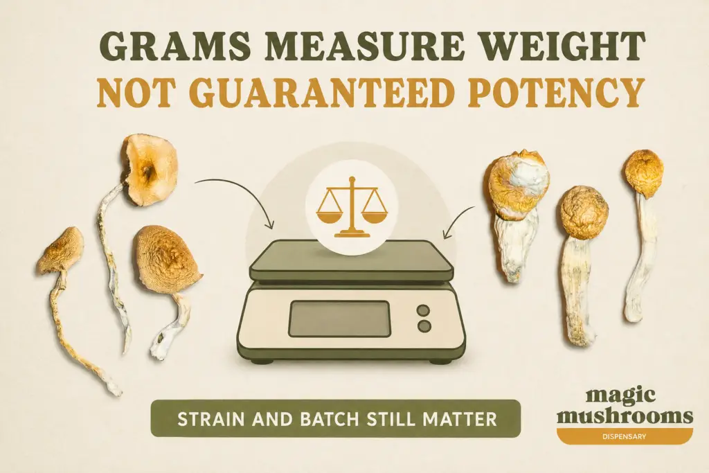 Grams measure dried mushroom weight but do not guarantee psilocybin potency