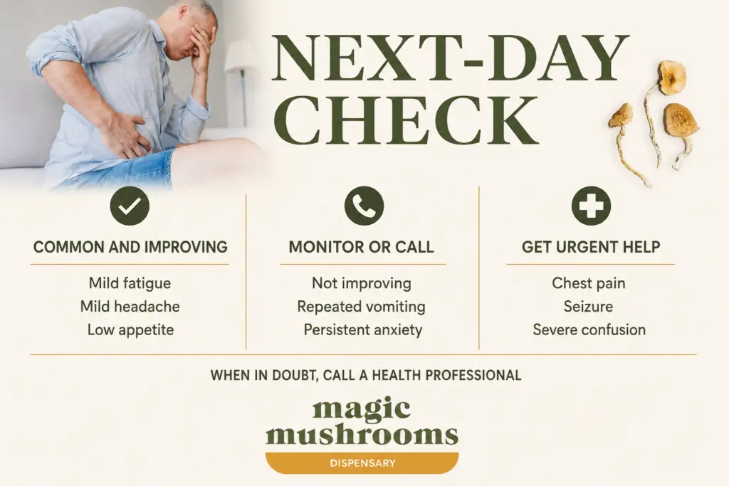 Shroom hangover symptoms grouped by common and improving monitor or call and urgent help