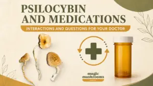 Psilocybin and medications interaction guide with Golden Teacher mushrooms and prescription bottle