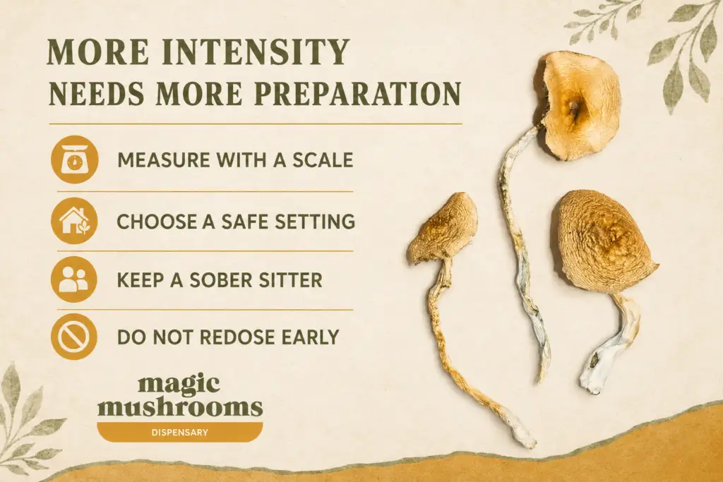 Shroom dose preparation checklist with scale, safe setting, sober sitter and no early redosing