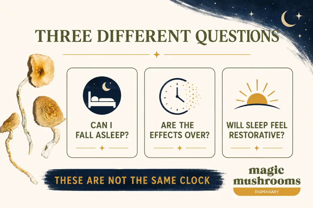 alling asleep ending the shroom effects and restorative sleep shown as three different clocks