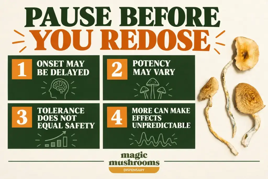 Four reasons to pause before redosing shrooms including delayed onset and variable potency