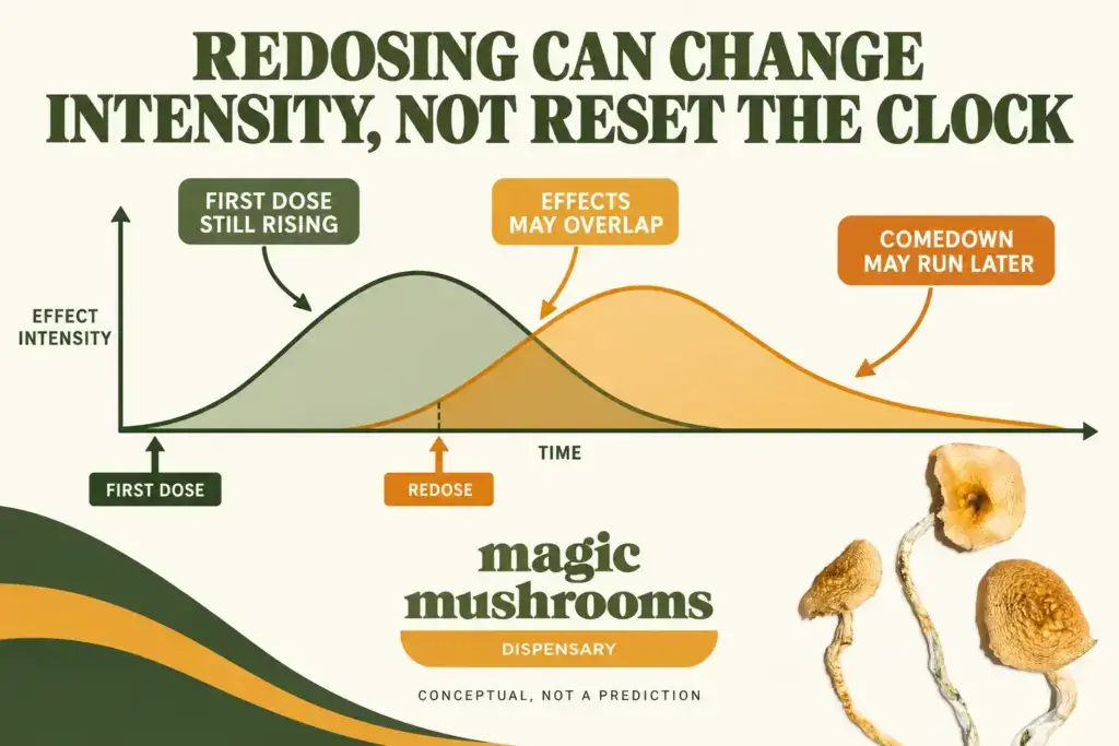 Conceptual timeline showing a first shroom dose and redose overlapping with a later comedown